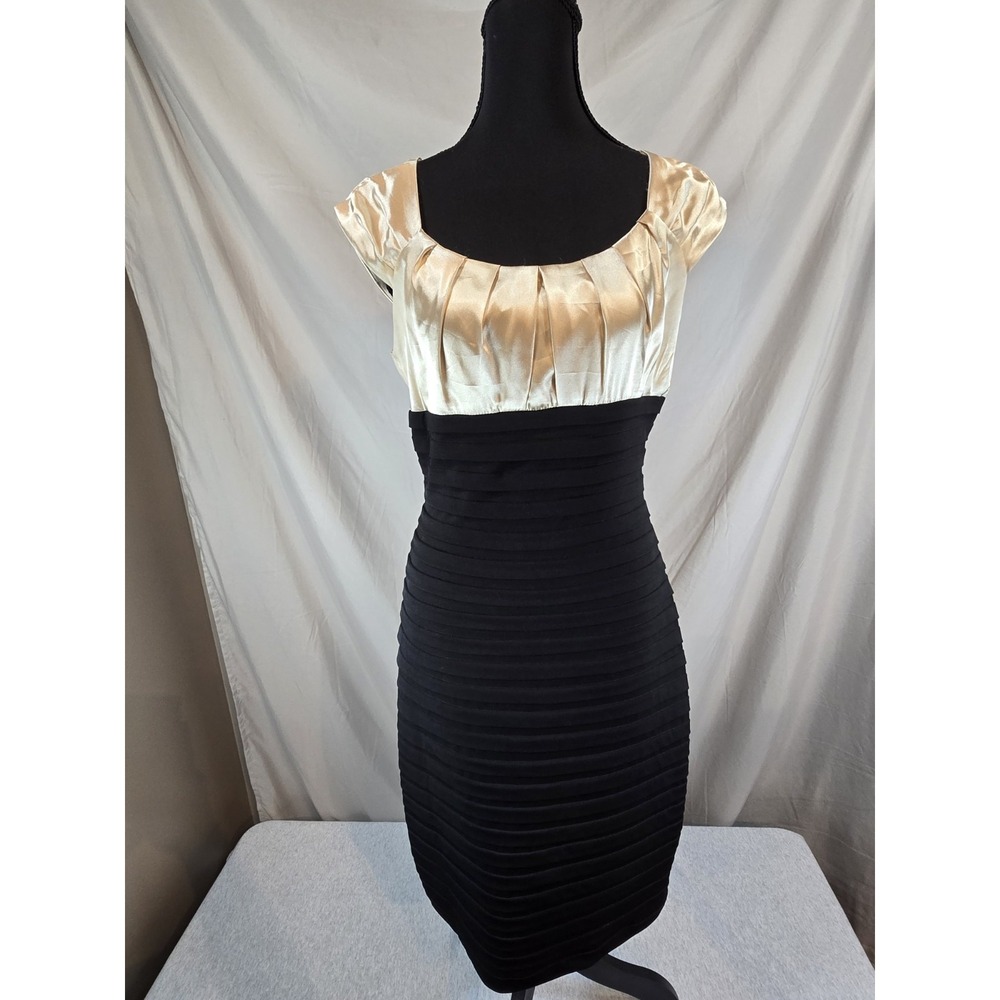 London Style Beige Satin Black Pleated‎ Sleeveless Bodycon Cocktail Dress Size 6
